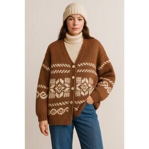 Vintage Hand-Knit Nordic Button Cardigan Oversized Brown Fair Isle XL Grandpa